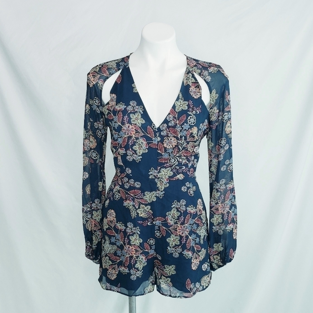 Line + Dot Floral Romper w/Sheer Long Sleeves Blue Multi - Picture 2 of 12